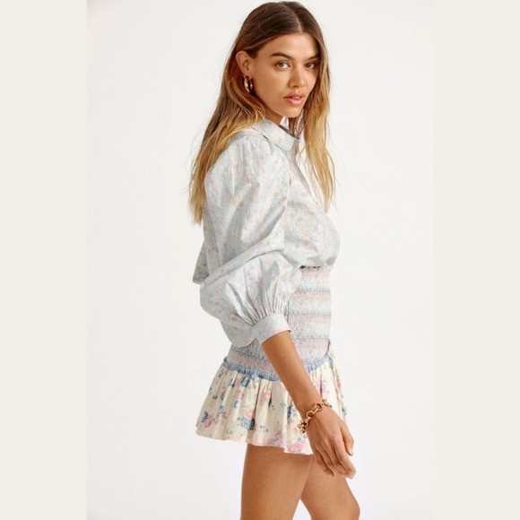 LoveShackFancy Floral Mini Skirt in Cream and Blue - Picture 4 of 15